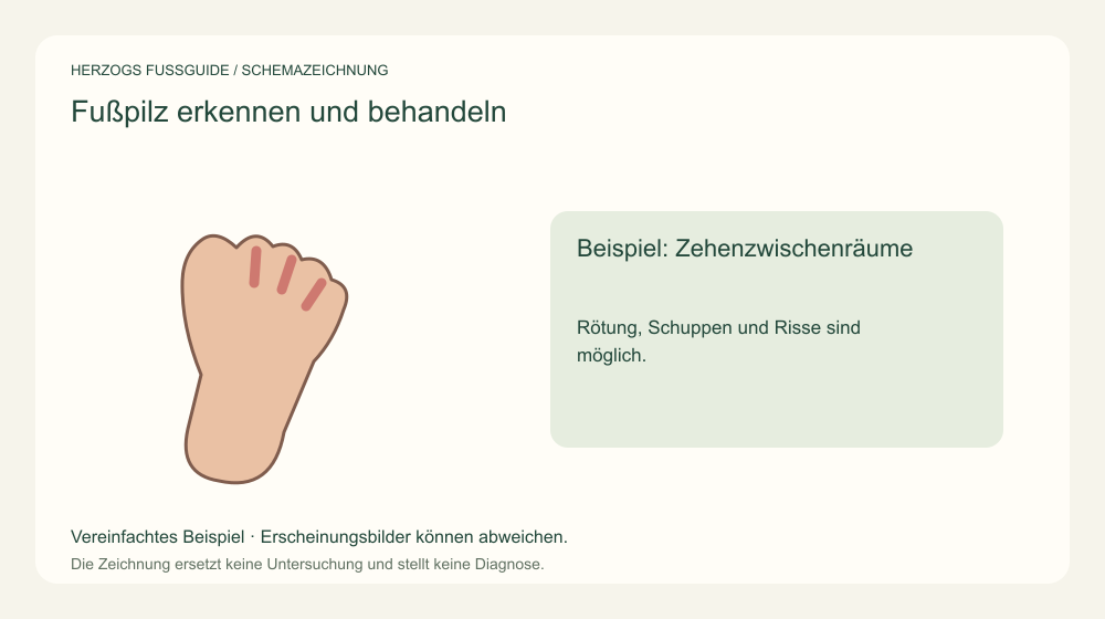 Beispiel: Zehenzwischenräume. Rötung, Schuppen und Risse sind möglich. Medizinische Schemazeichnung; kein Patientenfoto.