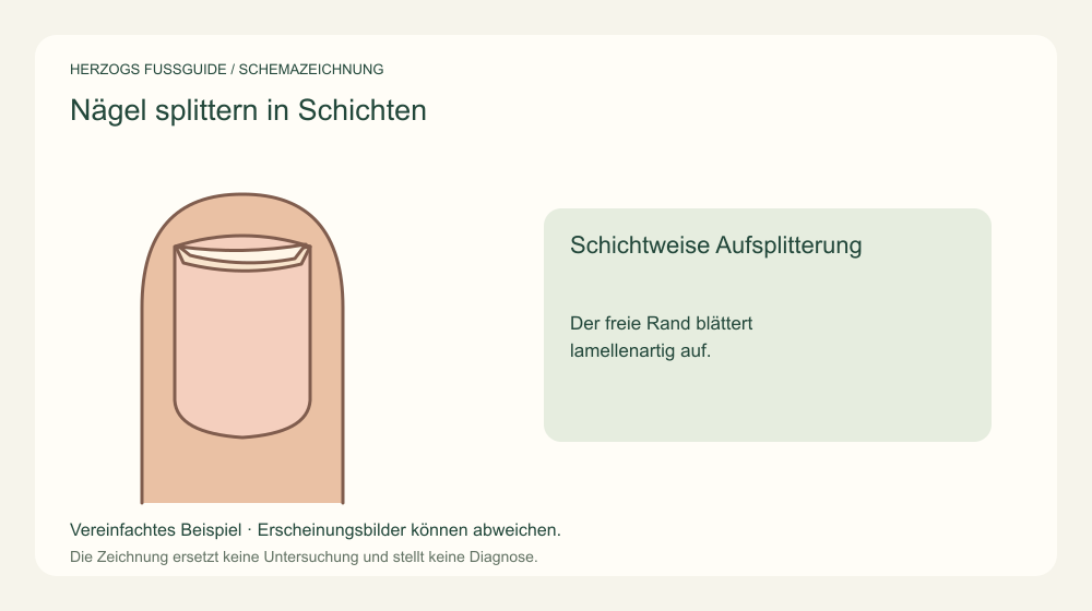 Schichtweise Aufsplitterung. Der freie Rand blättert lamellenartig auf. Medizinische Schemazeichnung; kein Patientenfoto.