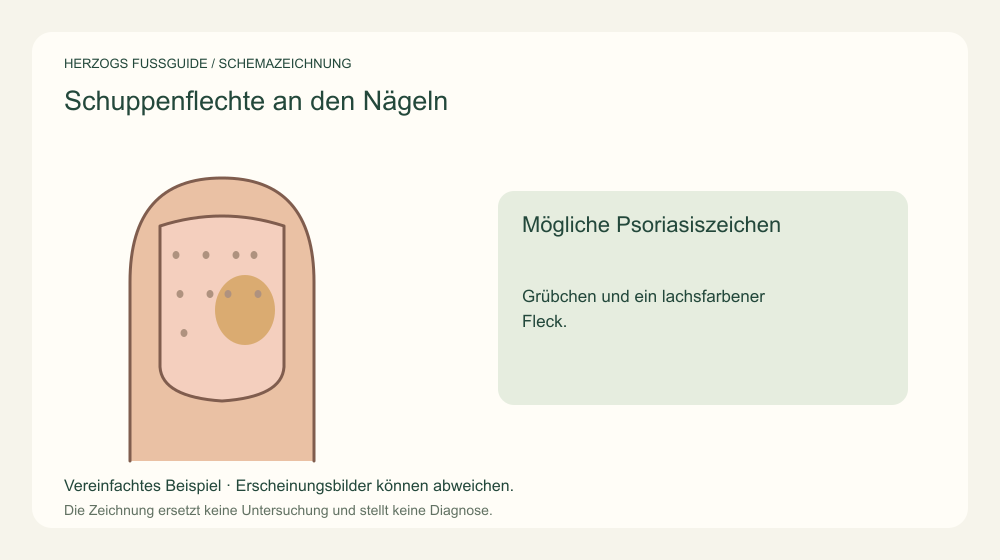 Mögliche Psoriasiszeichen. Grübchen und ein lachsfarbener Fleck. Medizinische Schemazeichnung; kein Patientenfoto.