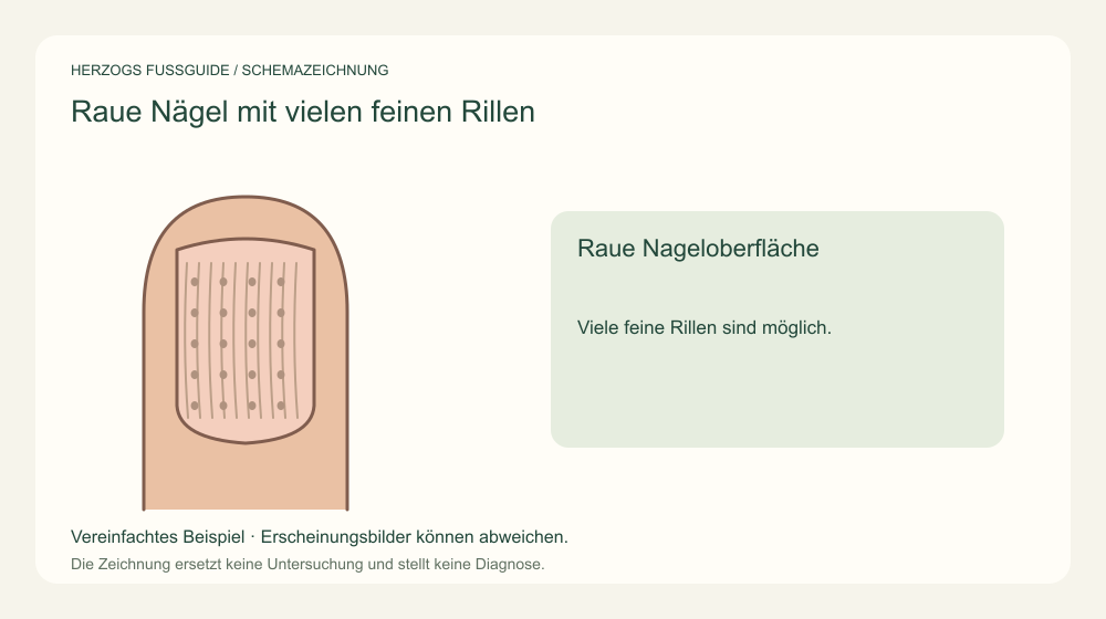 Raue Nageloberfläche. Viele feine Rillen sind möglich. Medizinische Schemazeichnung; kein Patientenfoto.