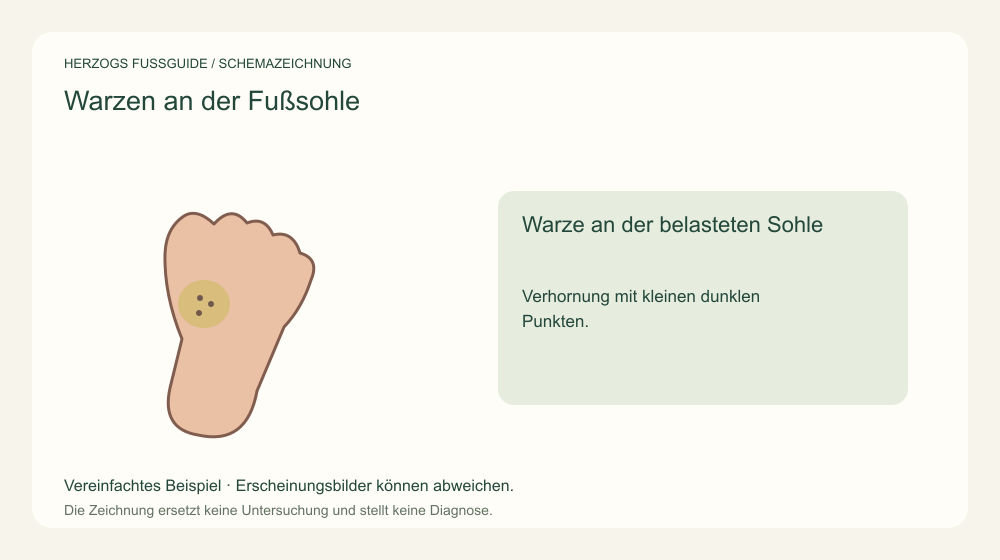 Warze an der belasteten Sohle. Verhornung mit kleinen dunklen Punkten. Medizinische Schemazeichnung; kein Patientenfoto.