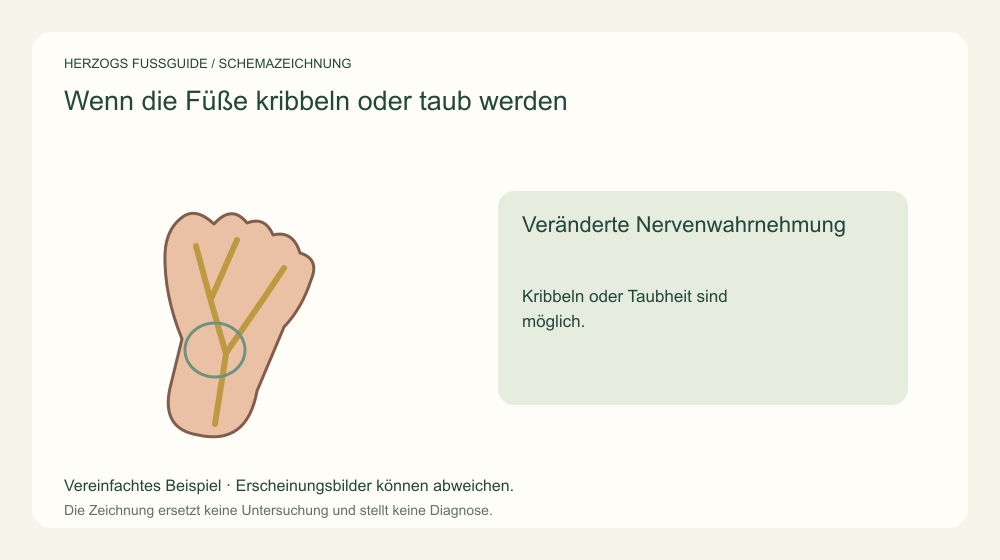 Veränderte Nervenwahrnehmung. Kribbeln oder Taubheit sind möglich. Medizinische Schemazeichnung; kein Patientenfoto.