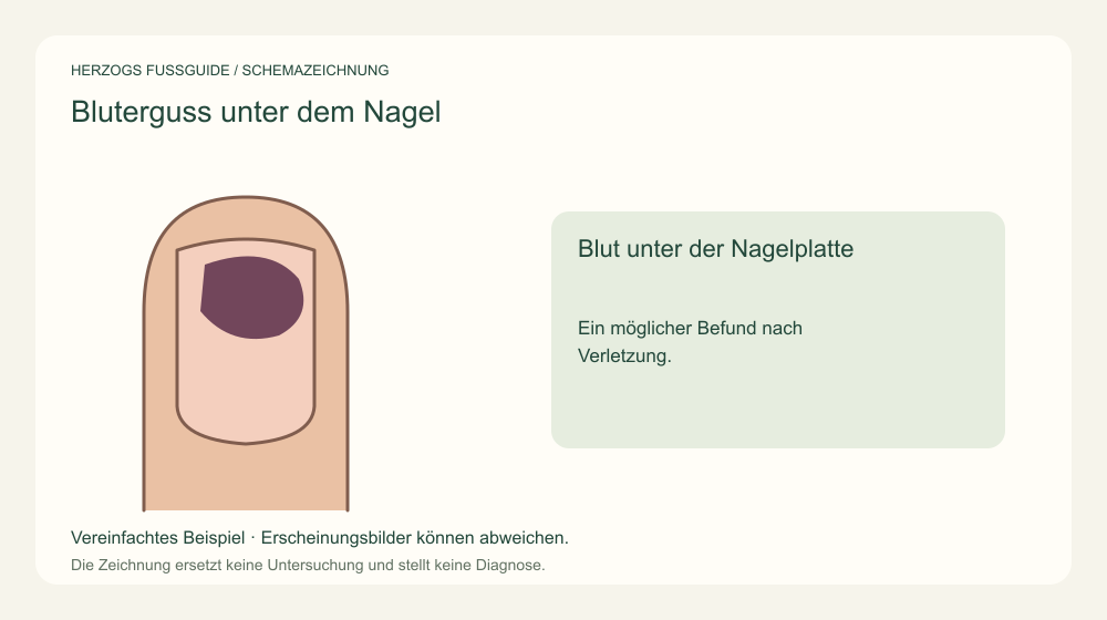 Blut unter der Nagelplatte. Ein möglicher Befund nach Verletzung. Medizinische Schemazeichnung; kein Patientenfoto.