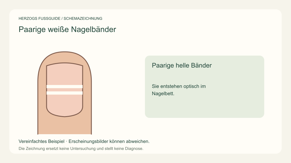 Paarige helle Bänder. Sie entstehen optisch im Nagelbett. Medizinische Schemazeichnung; kein Patientenfoto.