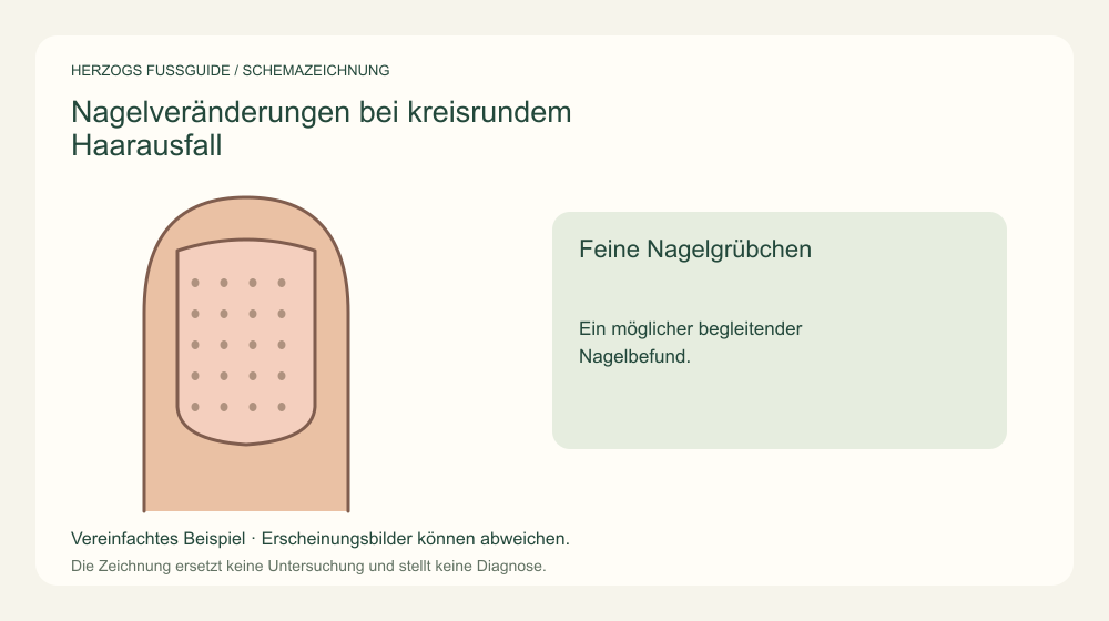 Feine Nagelgrübchen. Ein möglicher begleitender Nagelbefund. Medizinische Schemazeichnung; kein Patientenfoto.