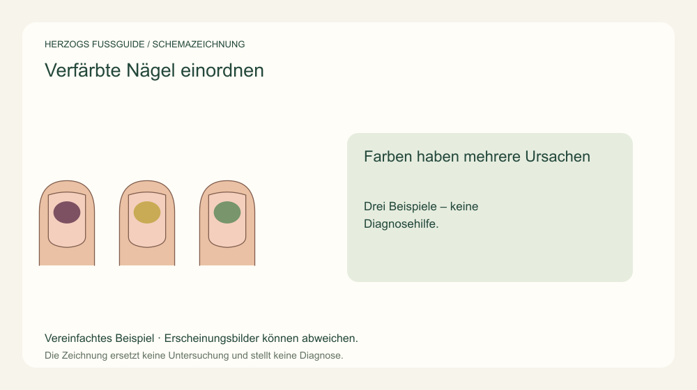 Farben haben mehrere Ursachen. Drei Beispiele – keine Diagnosehilfe. Medizinische Schemazeichnung; kein Patientenfoto.
