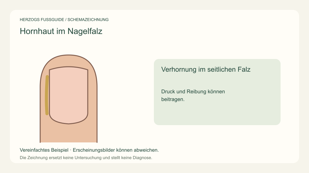 Verhornung im seitlichen Falz. Druck und Reibung können beitragen. Medizinische Schemazeichnung; kein Patientenfoto.