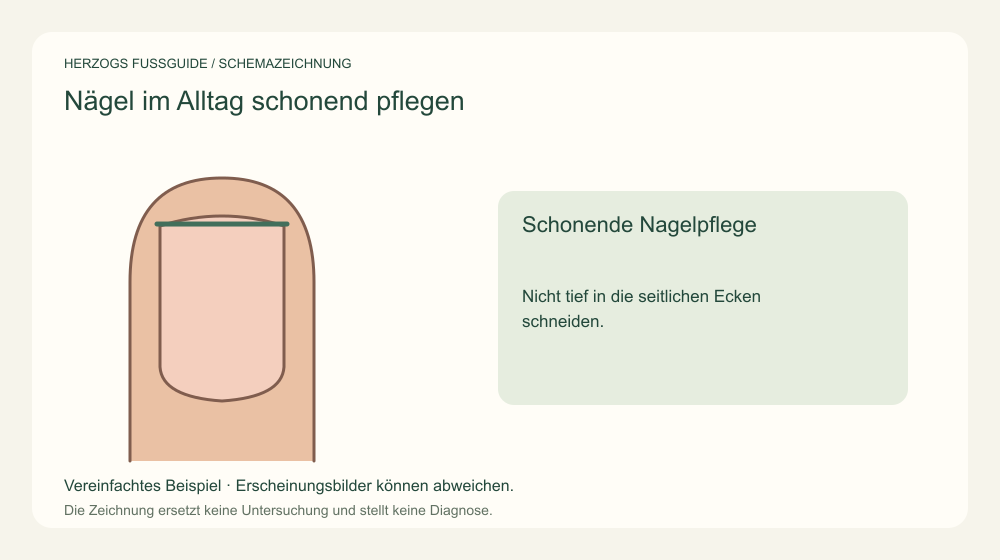 Schonende Nagelpflege. Nicht tief in die seitlichen Ecken schneiden. Medizinische Schemazeichnung; kein Patientenfoto.