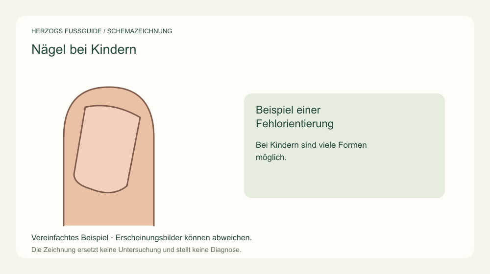Beispiel einer Fehlorientierung. Bei Kindern sind viele Formen möglich. Medizinische Schemazeichnung; kein Patientenfoto.