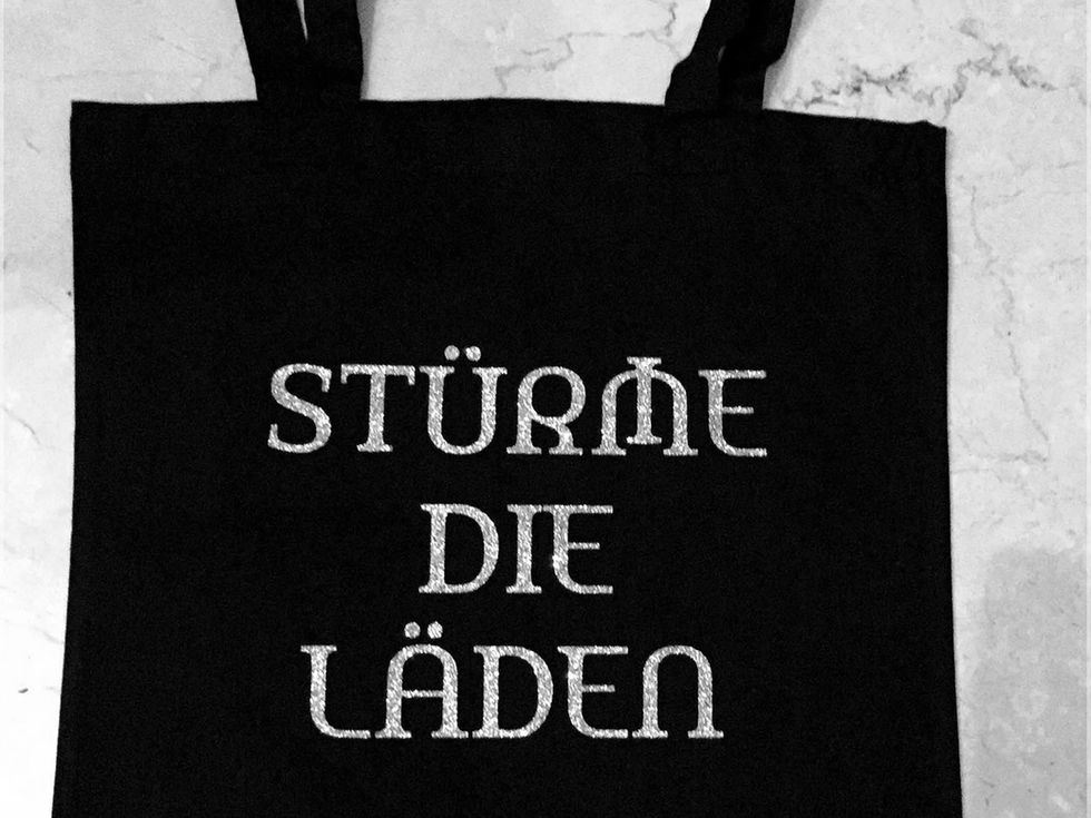 Baumwolltasche schwarz: Druck Transferfolie silber-glitzer.