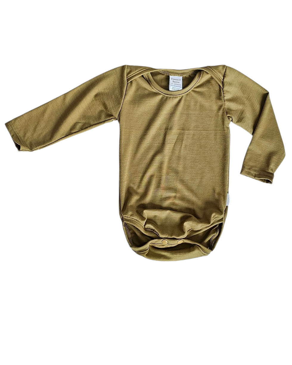 Thumbnail: Army green merino baby bodysuit flat lay