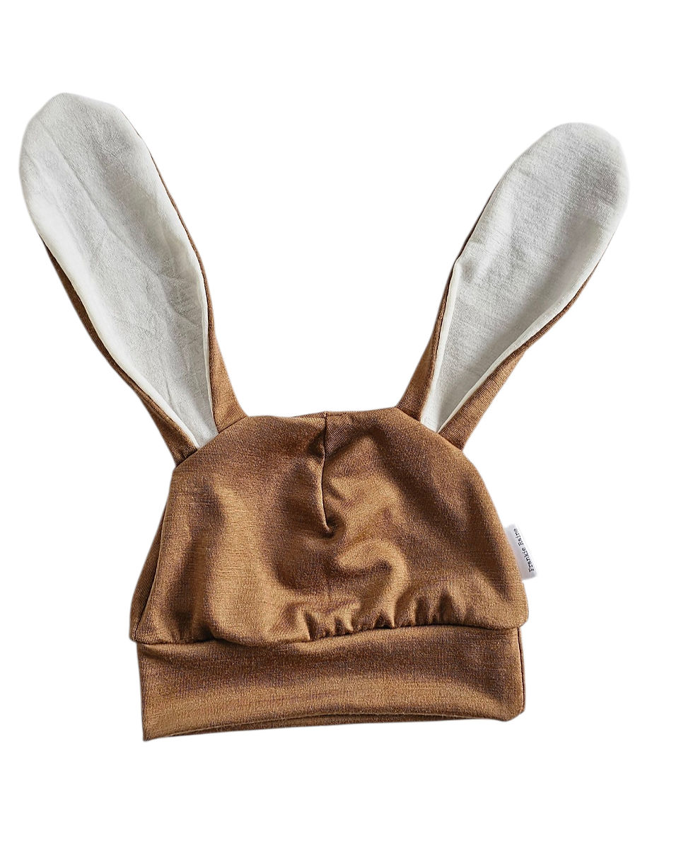 Thumbnail: Flat lay of chestnut merino baby bunny hat