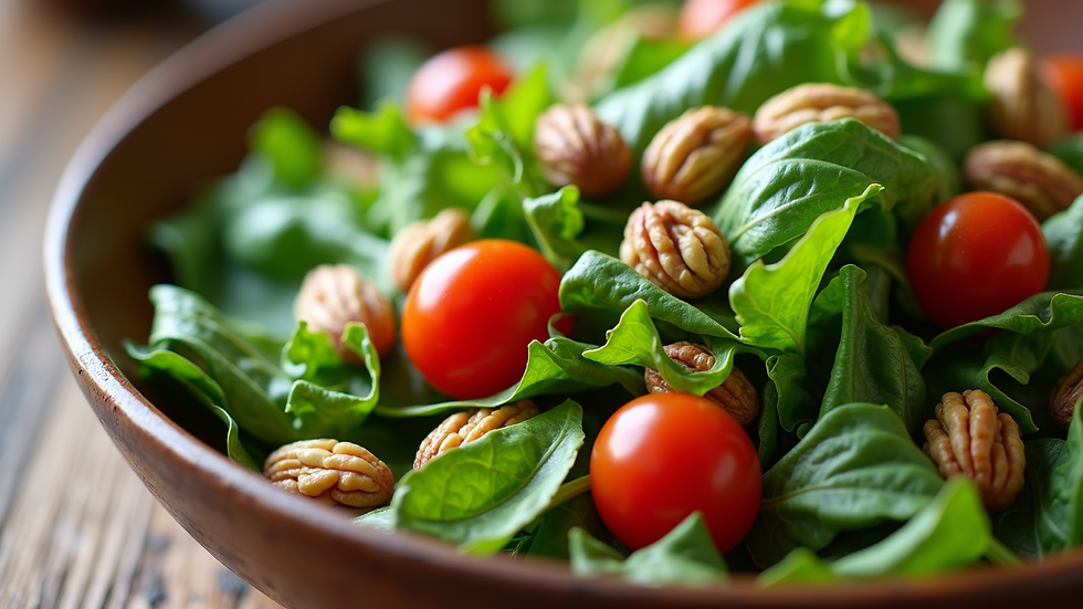 Close-up of a vibrant mixed greens salad with cherry tomatoes and nuts