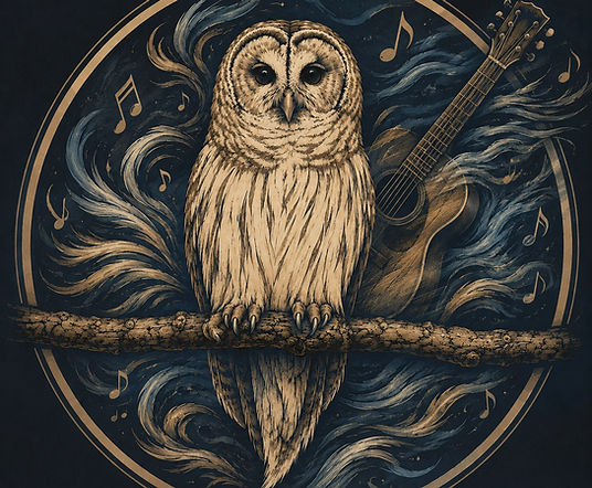 Barn owl purched on a limb with a guitar blowing in the wind behind it