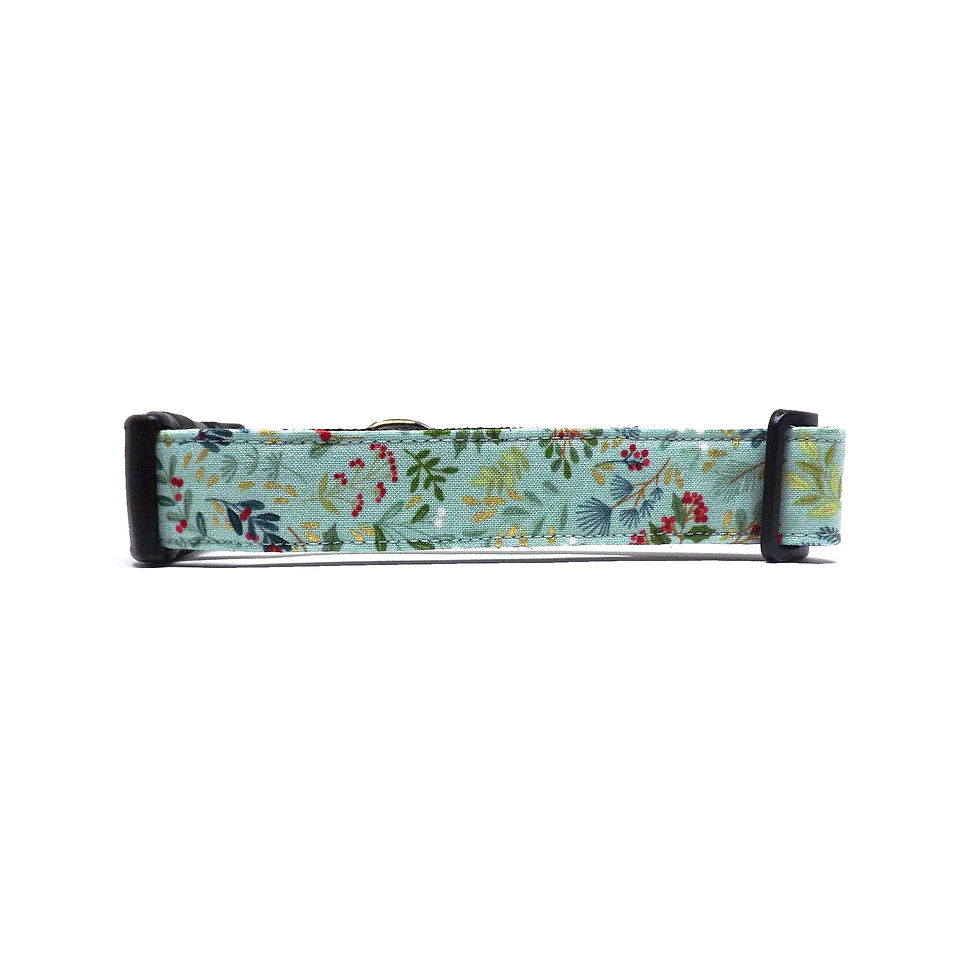 Thumbnail: dog collar with christmas greenery in red and green with metallic gold details, back view