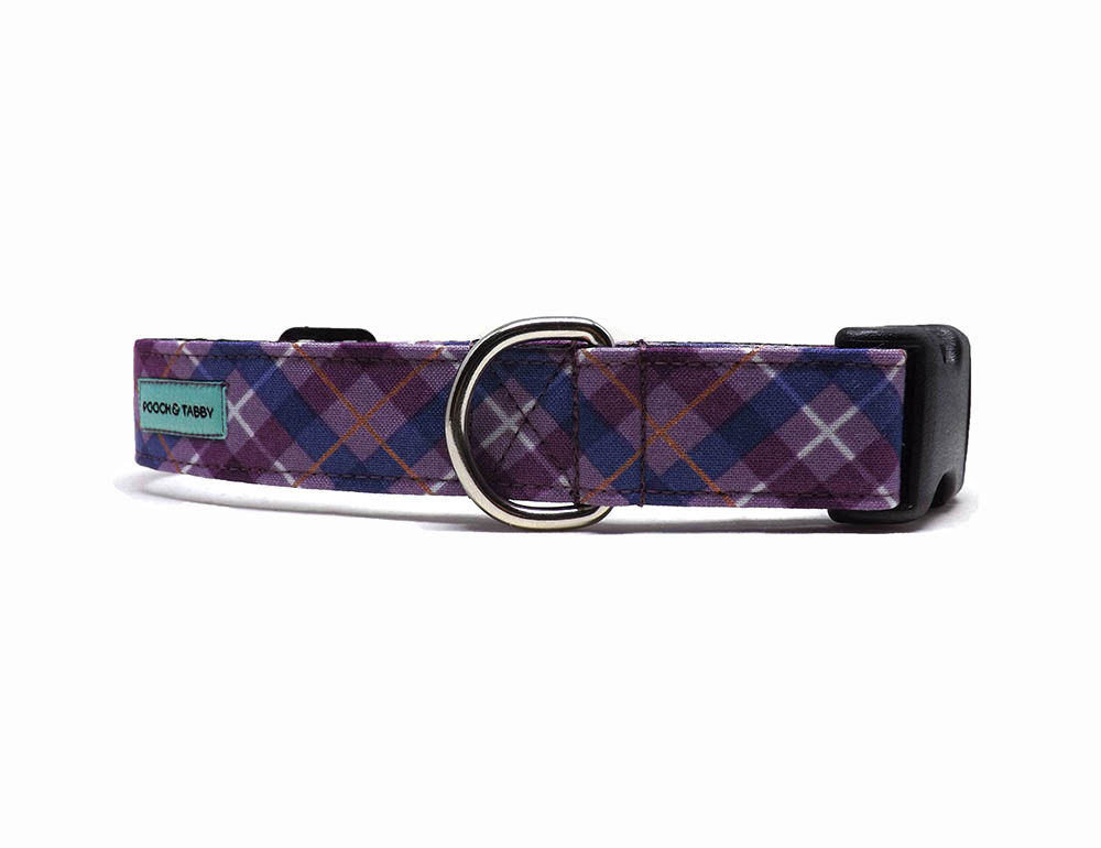 Dog Collar - 'Iona Plaid' - Purple and Copper Metallic Design