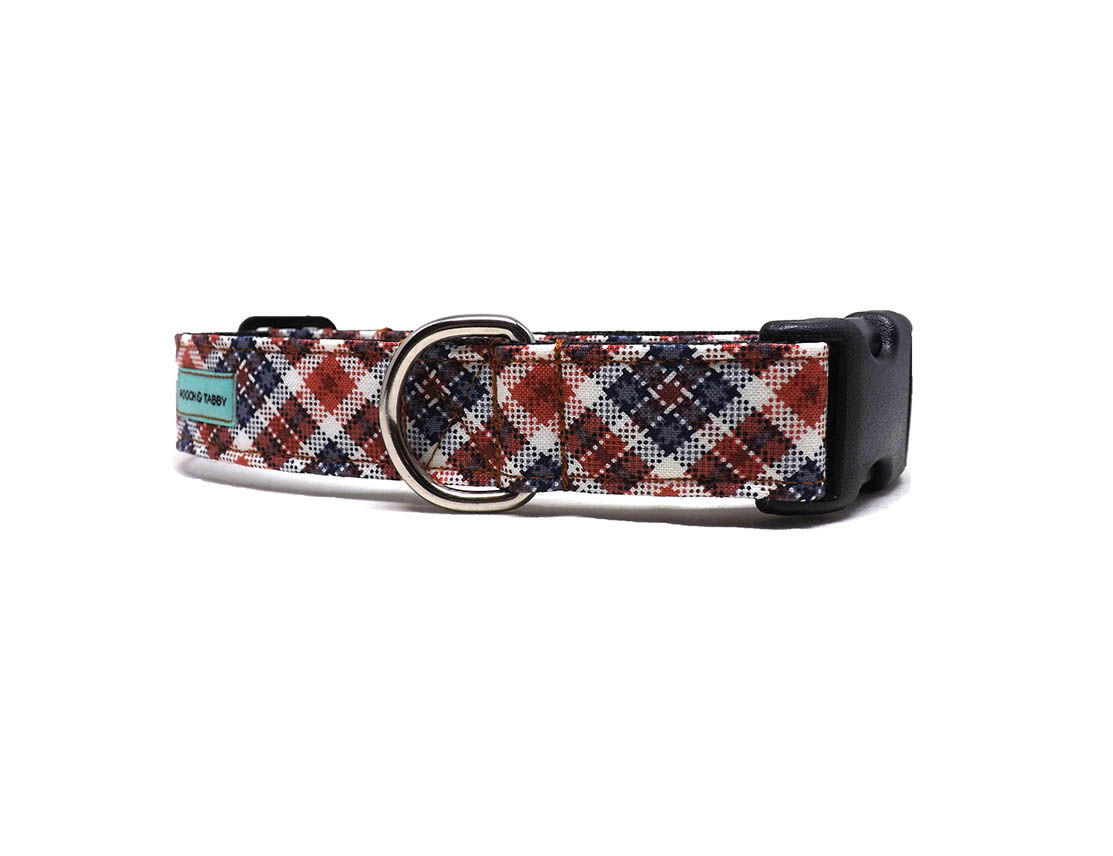 Dog Collar - 'Woodland Plaid' - Brown and Navy Blue Plaid Fall Design