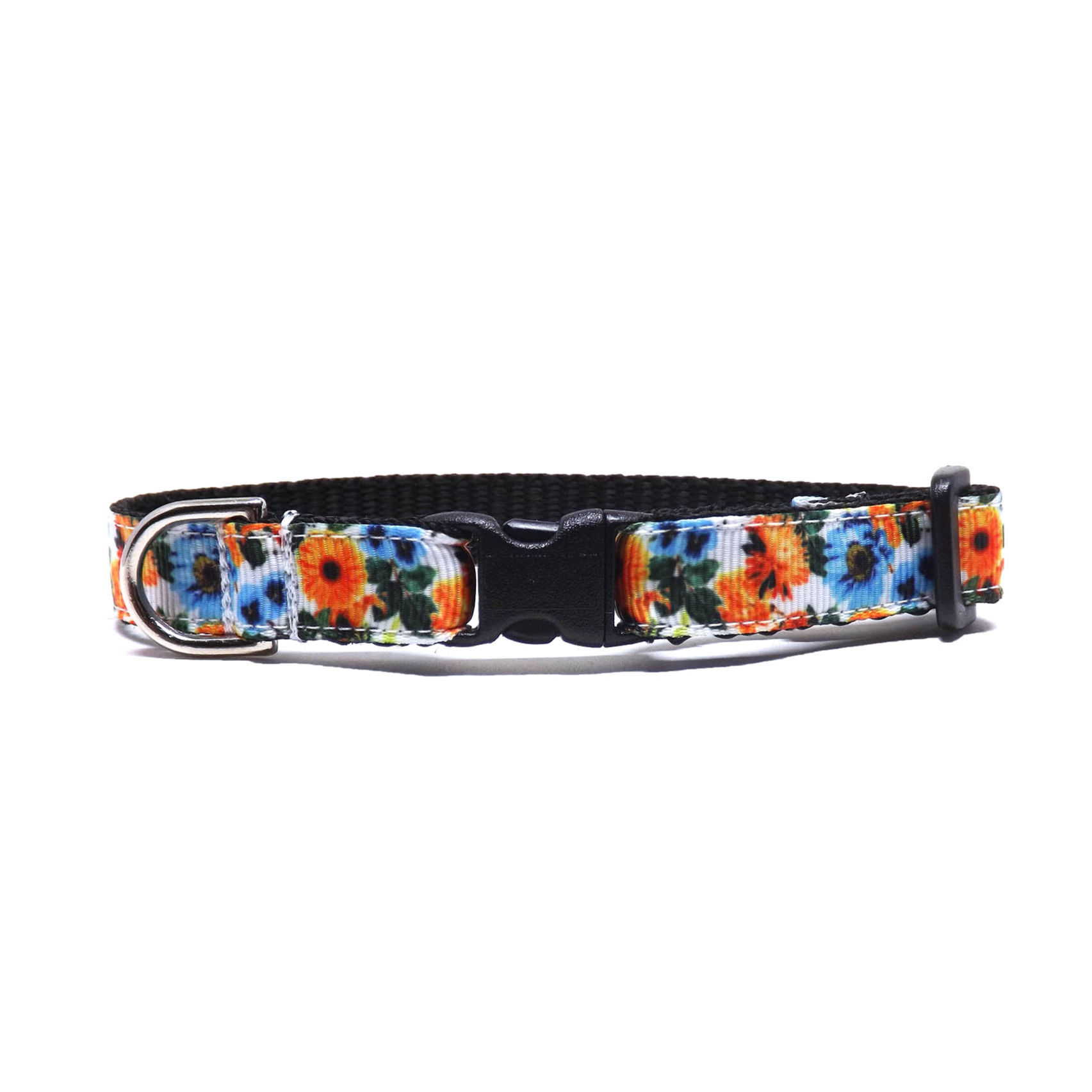 cat collars with bright orange and blue flowers, front view