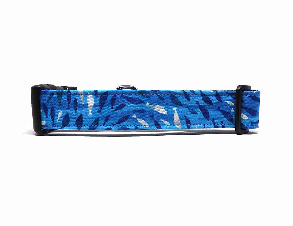 Thumbnail: Dog Collar - 'School of Fish - Blue' - Blue & Grey Ocean Fish Batik Style Design
