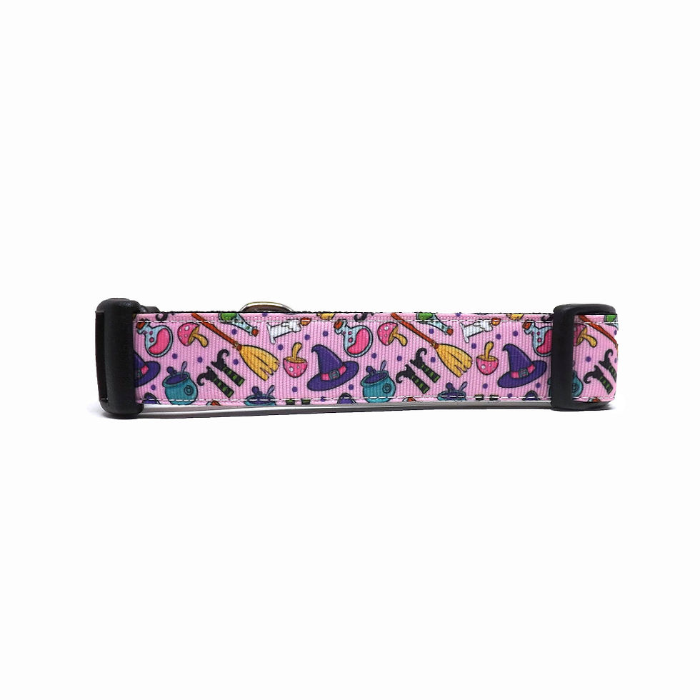 Thumbnail: pink dog collar with various witchy icons, pastel goth, back view