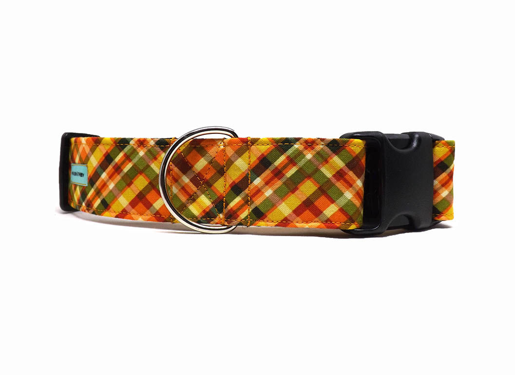 Dog Collar - 'Autumn Plaid' - Orange, Gold & Green Fall Design