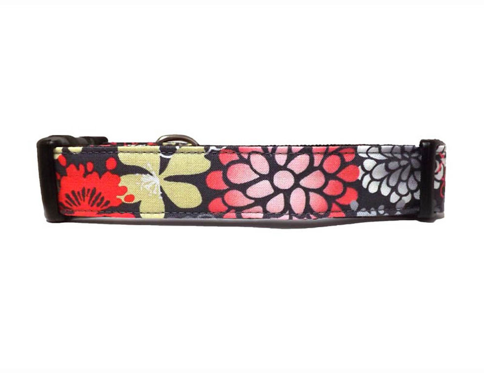 Thumbnail: Dog Collar - 'Winter Bloom' -  Gray, Yellow and Pink Floral Design