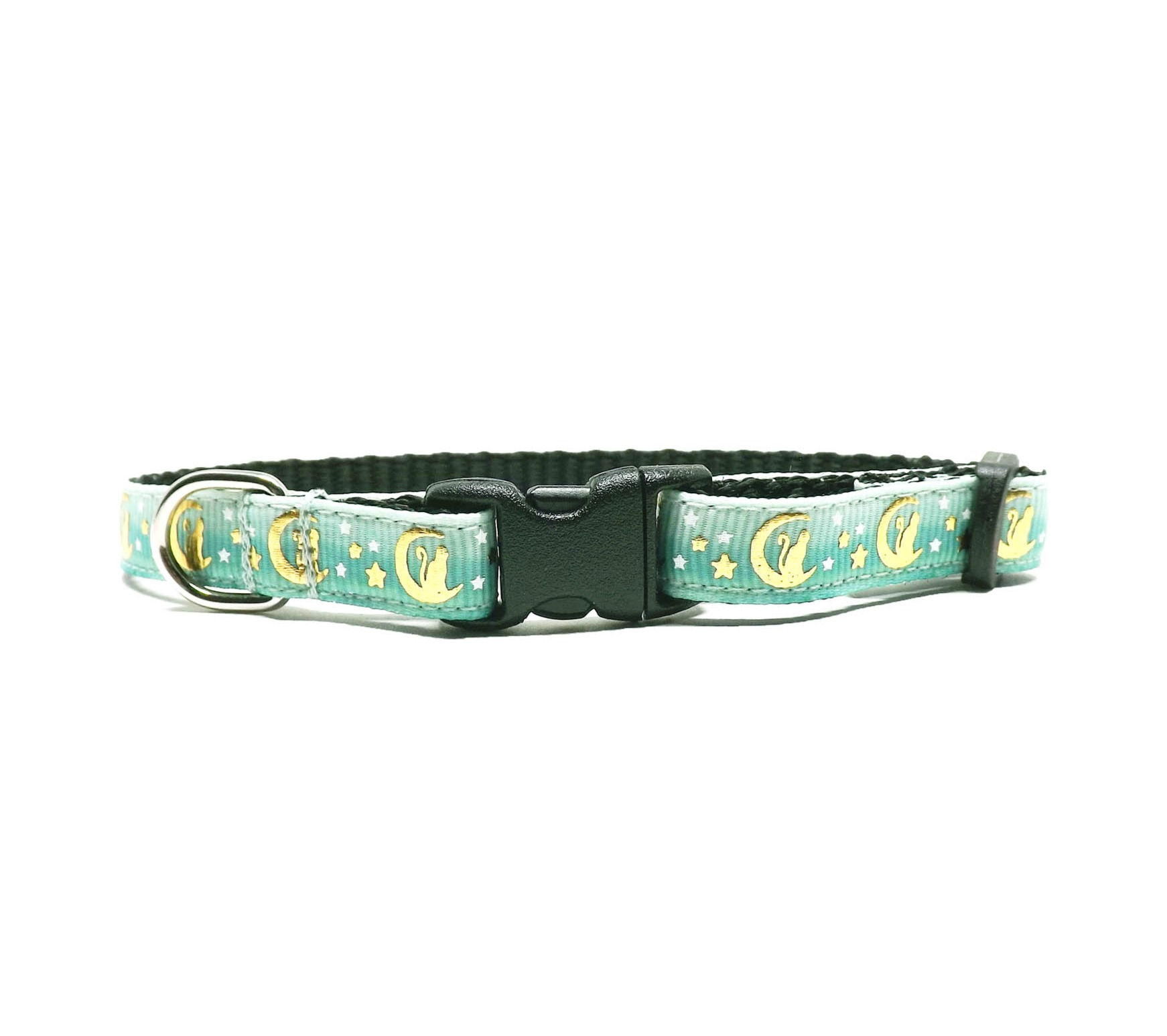 Cat Collar - 'Cat in the Moon - Ombre Green' - Metallic Gold Breakaway Collar