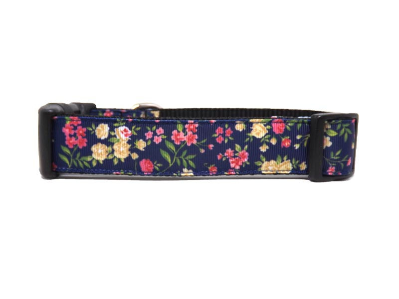 Thumbnail: Dog Collar - 'Flower Girl - Navy' - Navy Floral Design 1" Wide Collar