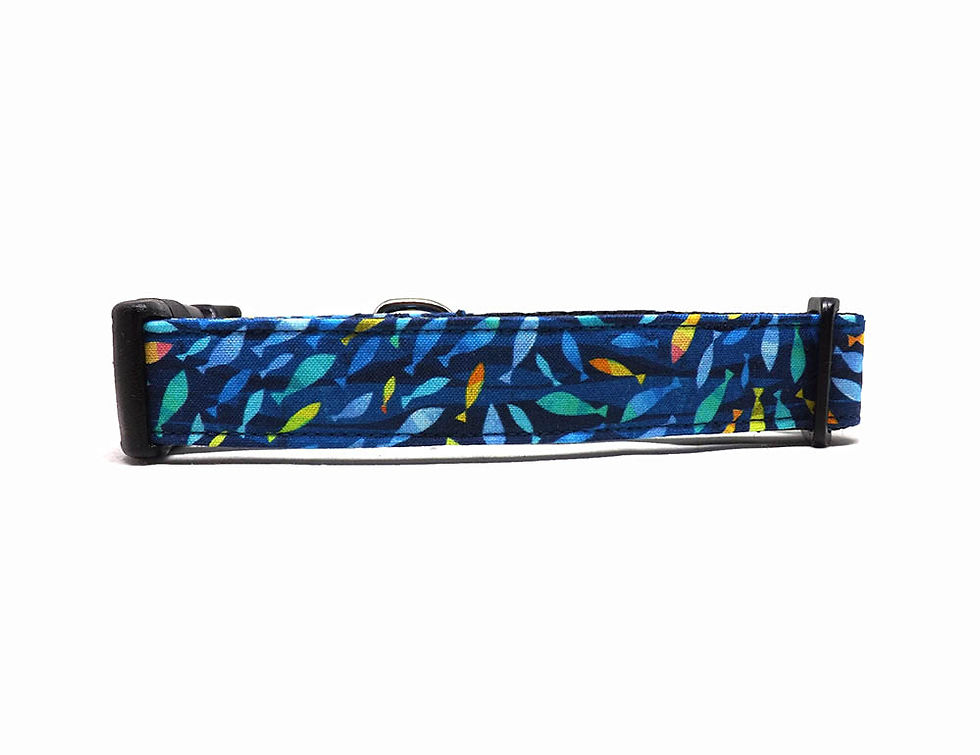 Thumbnail: Dog Collar - 'School of Fish - Navy' - Blue & Grey Ocean Fish Batik Style Design