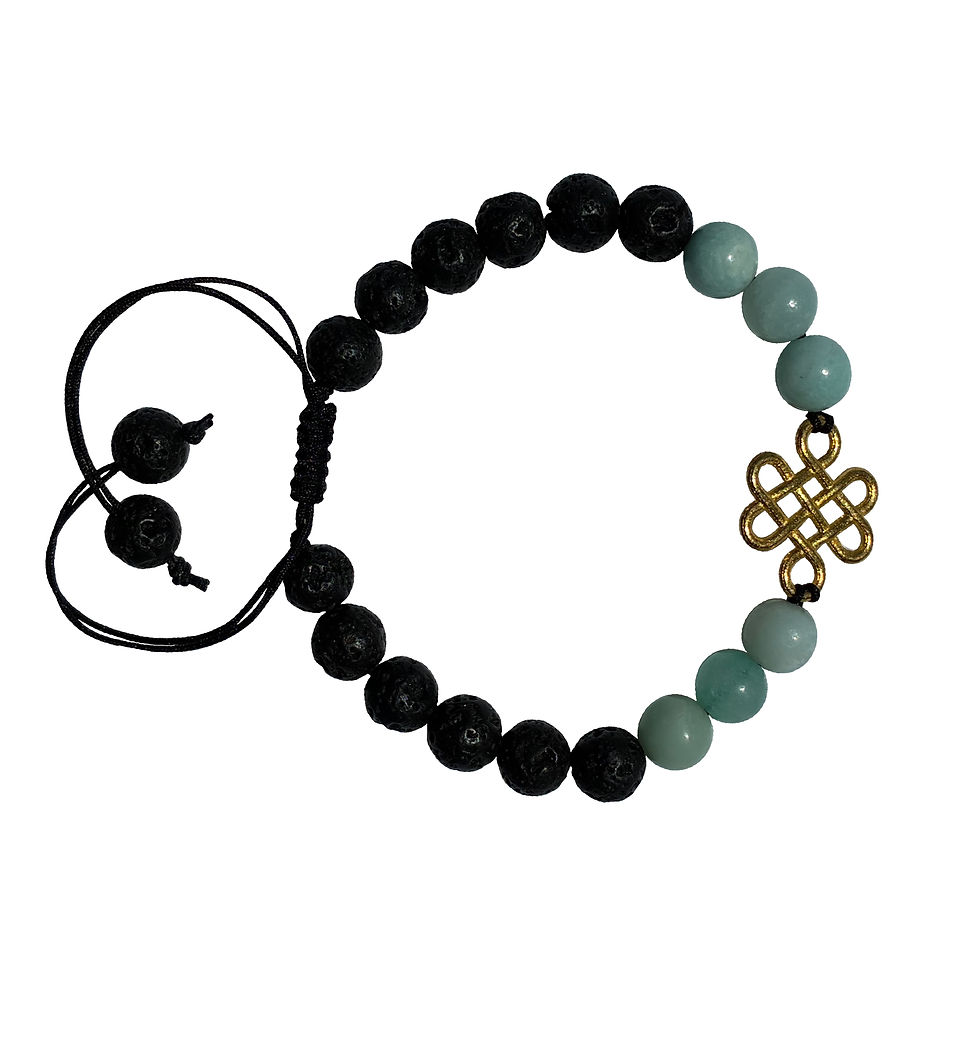 Black and blue gemstone beaded bracelet. Gold Karma Knot & Amazonite Gemstone Beaded Bracelet with lava beads & adjustable band for use with essential oils on white background.