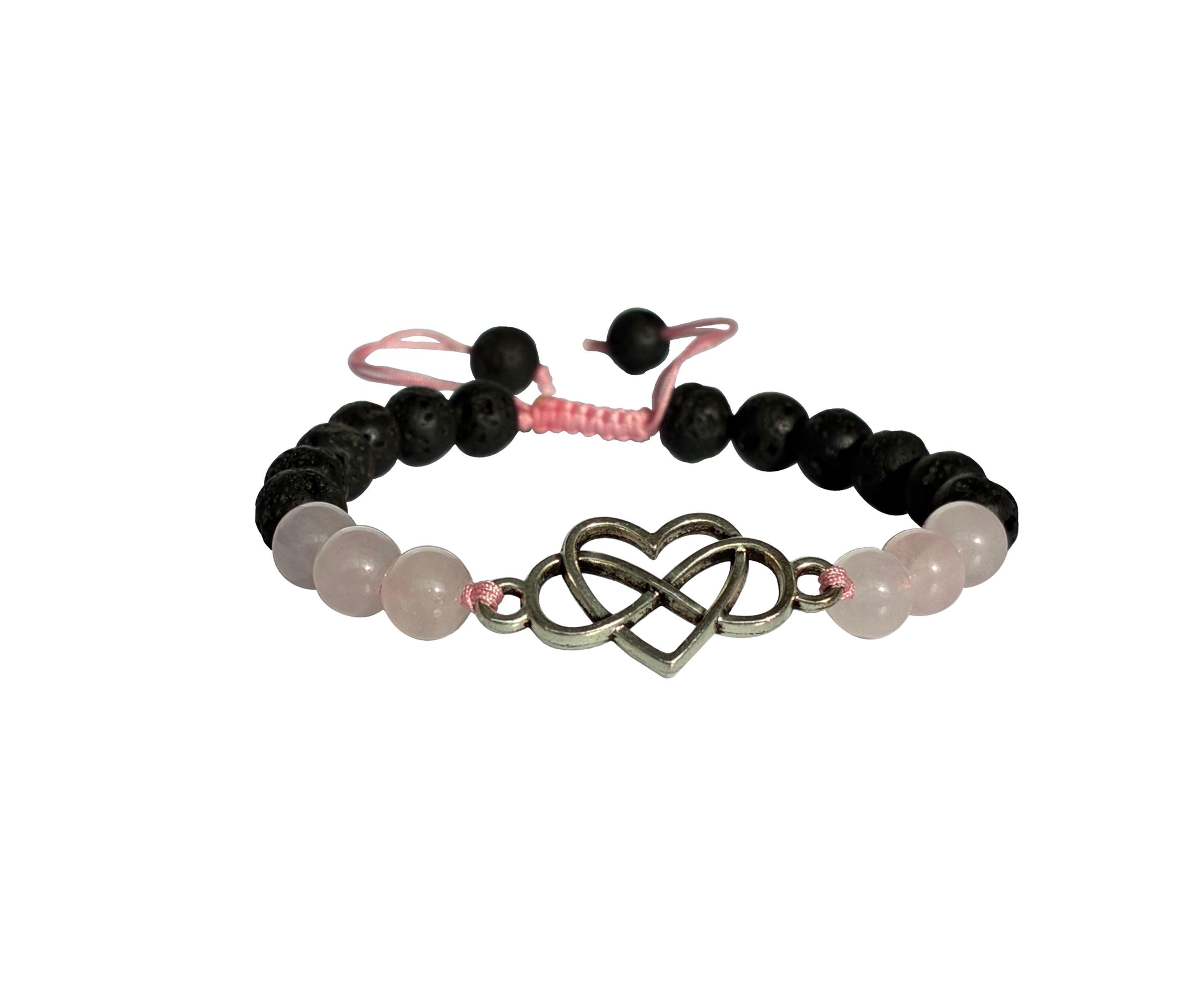 Rose Quartz gemstone beaded bracelet with Eternal Love silver Charm and pink cord adjustable band.