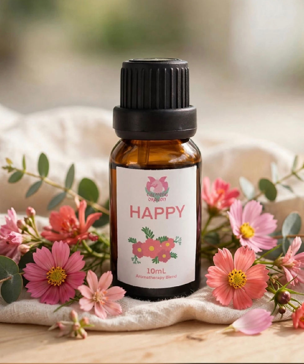 Happy essential oil blend styled with orange and ylang ylang - citrusy floral flat lay Australia