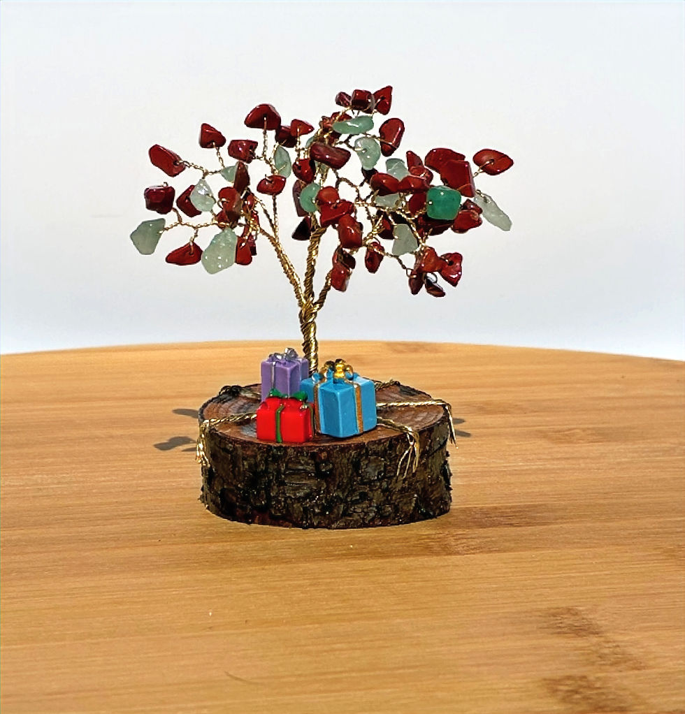 100% genuine Gemstone Christmas tree with Red Jasper and Green Aventurine stones and colorful Christmas presents.