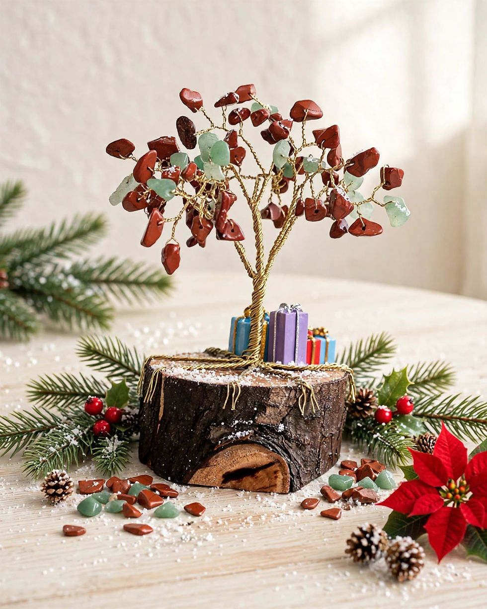 Thumbnail: Small red and green crystal Christmas tree showing festive colours and natural wood base