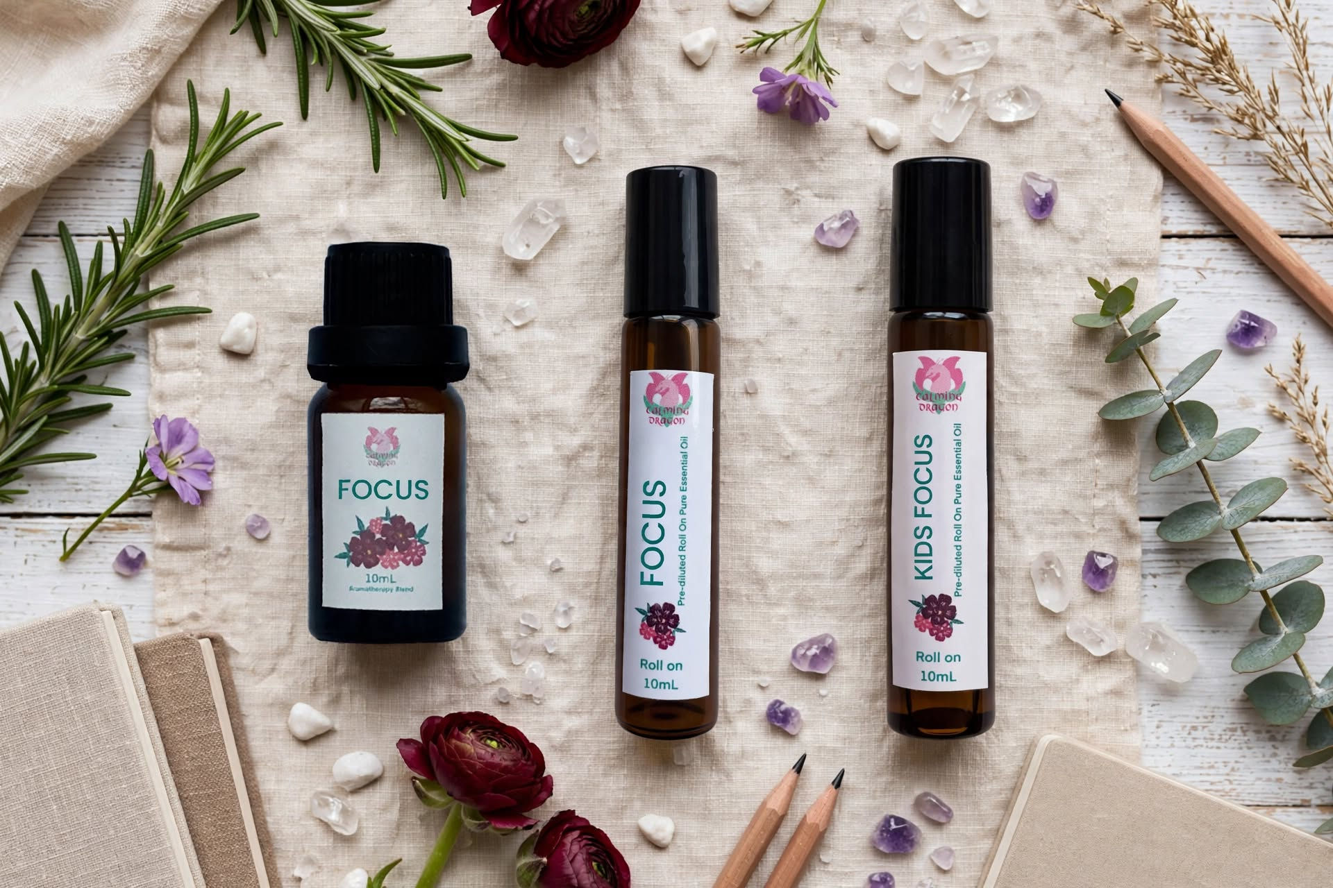 Focus Family Trio Focus Diffuser Blend 10mL and Focus Roll-On 10mL and Kids Focus Roll-On 10mL Lavender Vetiver Cedarwood
