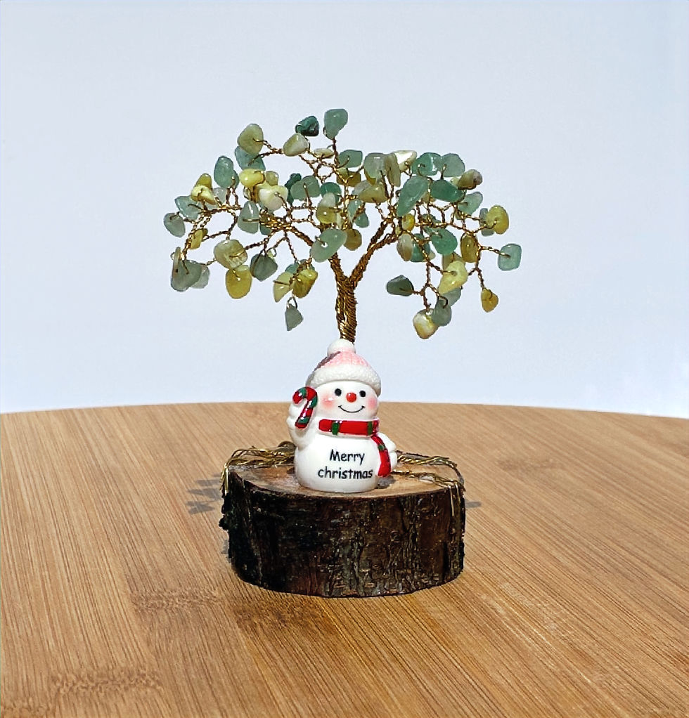 Hand made Aventurine & Yellow Jade Gemstone Christmas Tree - Christmas Snowman with "Merry Christmas" on wooden base with Gold coloured wire.