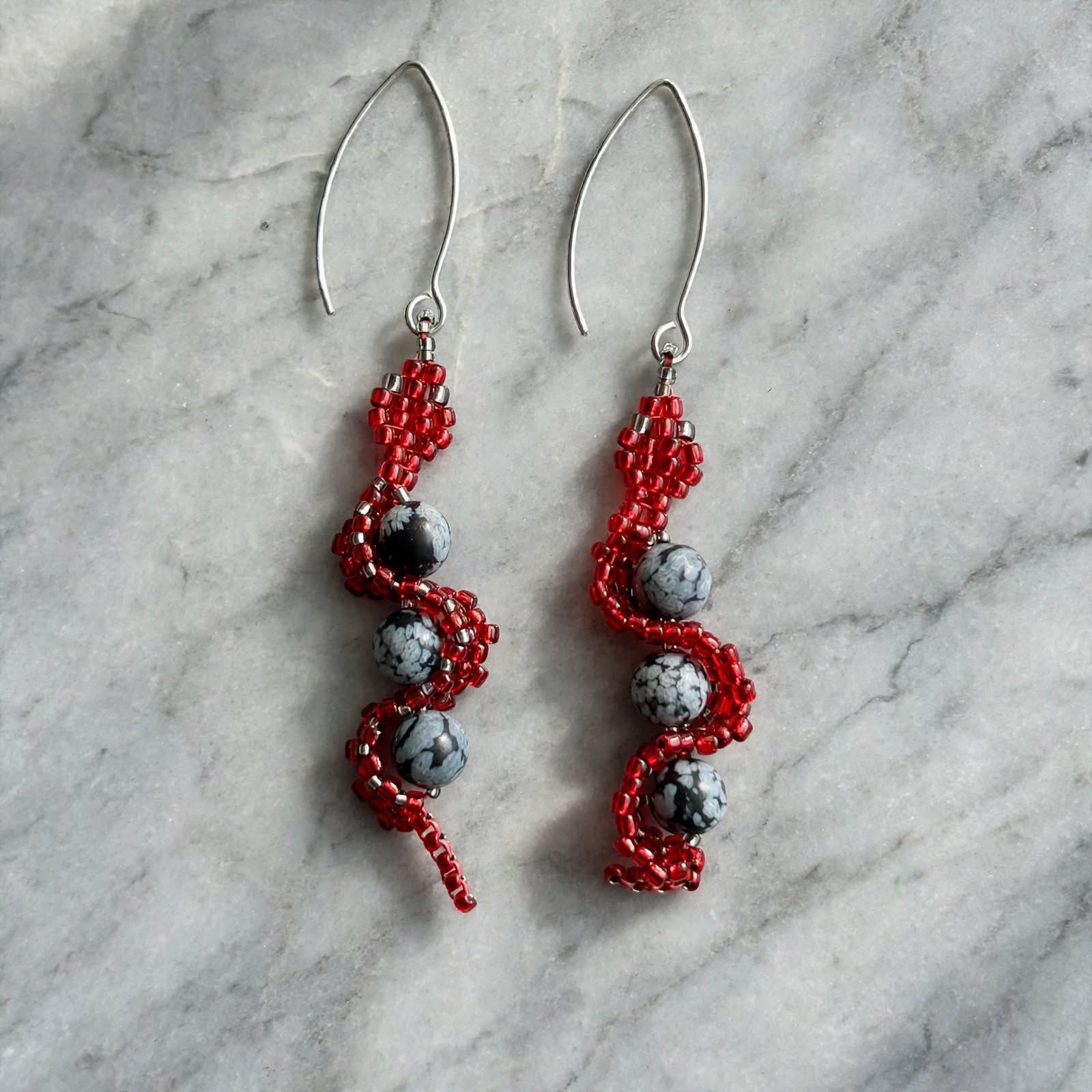 Handmade spiral earrings red glass seed beads and genuine Snowflake Obsidian 6mm silver hooks handmade in Adelaide