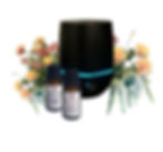 Black essential oil diffuser with two diffuser 10mL essential oils, bedtime and Peaceful blends and floral arrangement Unwind Essential Oils Diffuser Pack