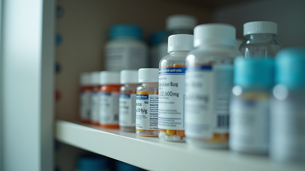 High angle view of a well-organised medicine cabinet with diabetes supplies