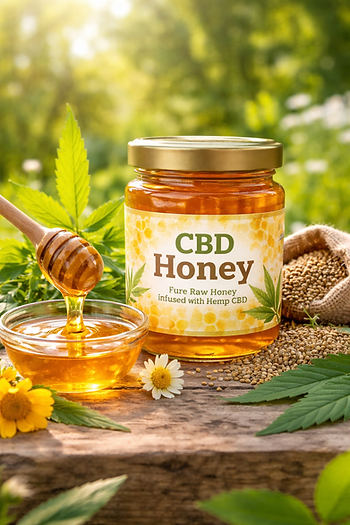 Jar of CBD honey with a dipper drizzling honey into a bowl. Surrounded by hemp leaves and flowers on a wooden table in a sunny garden.