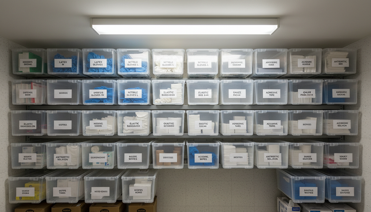 Overhead view of labeled medical supply bins in a small clinic.