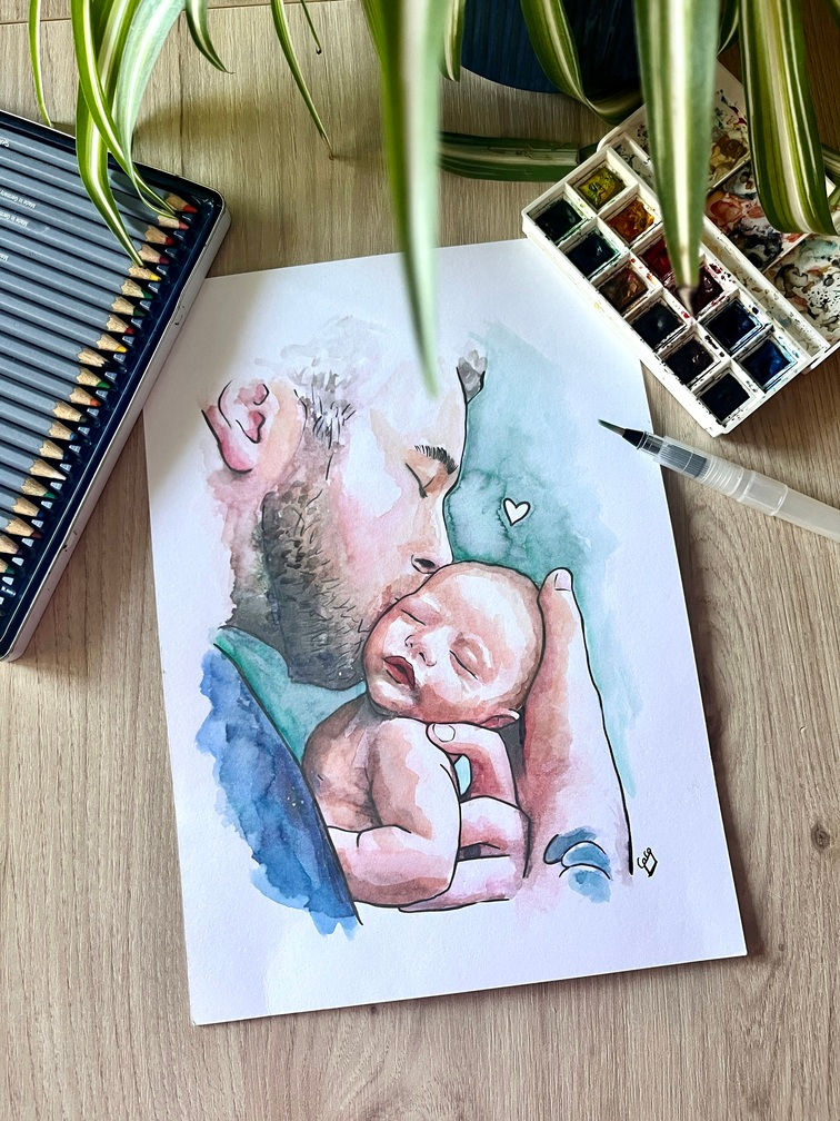 aquarelle originale sur table d'un papa embrassant son bébé