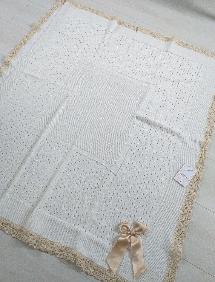 Thumbnail: Romany Spanish Baby Shawl Cream with beige Lace and bow