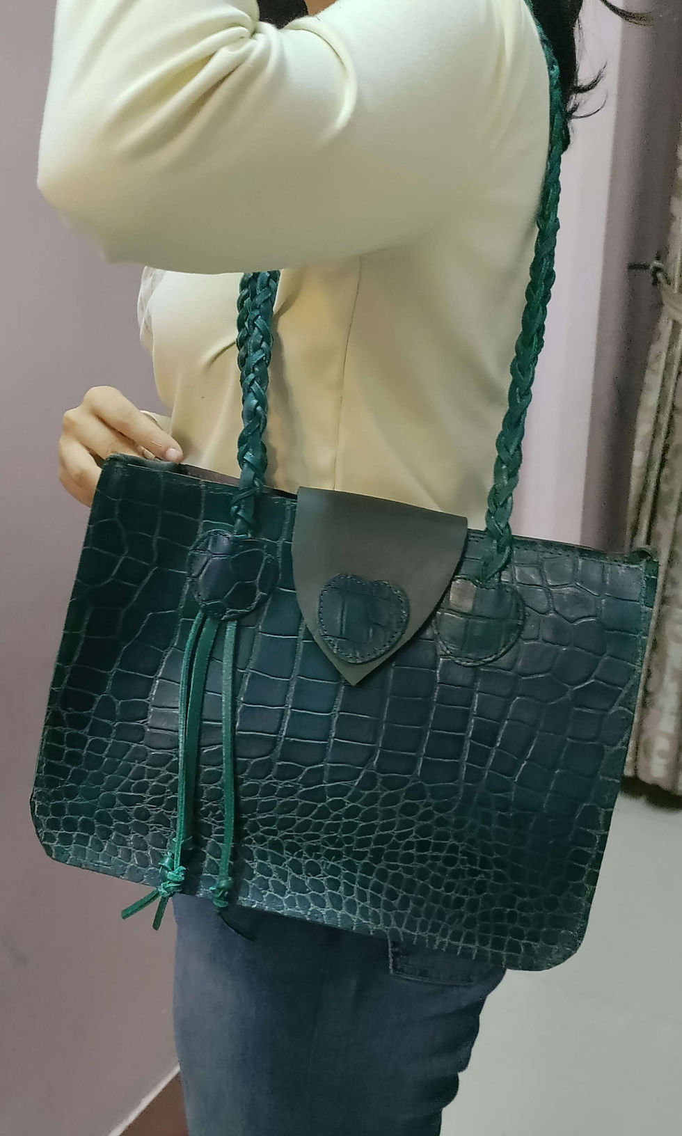 Thumbnail: green tote bag leather in croco print