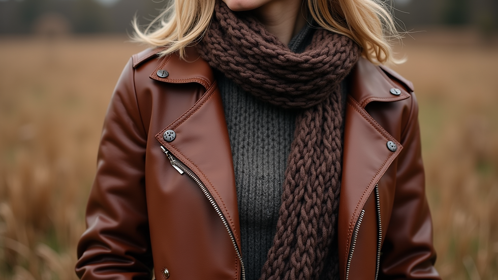 Close-up view of brown leather jacket with knit sweater and scarf for fall