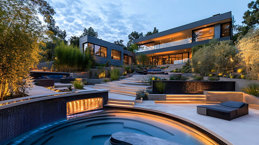 Modern luxury villa with paved steps leading to seating area and pool, with a warmly lit interior and exterior