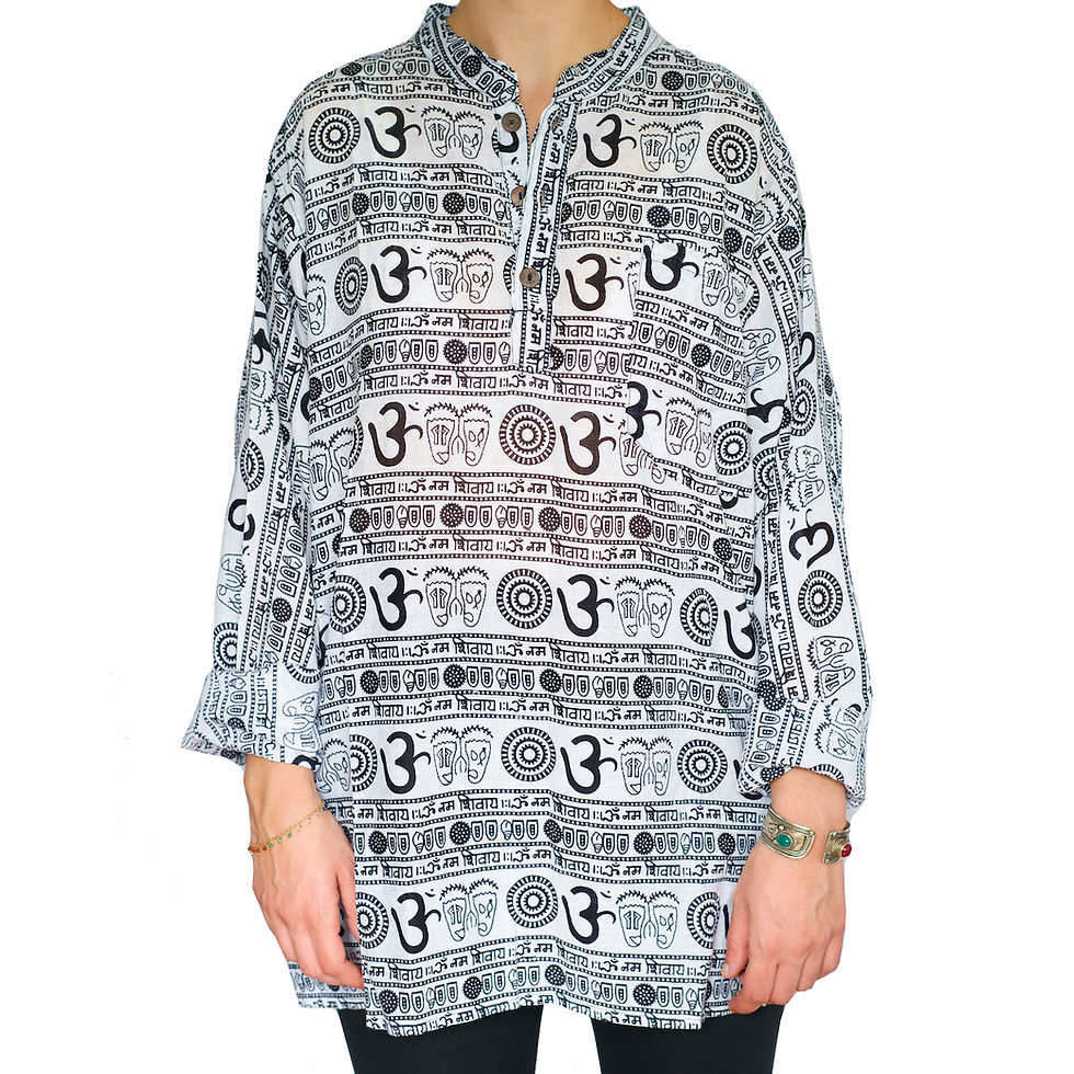 A close-up of a white OM shirt.