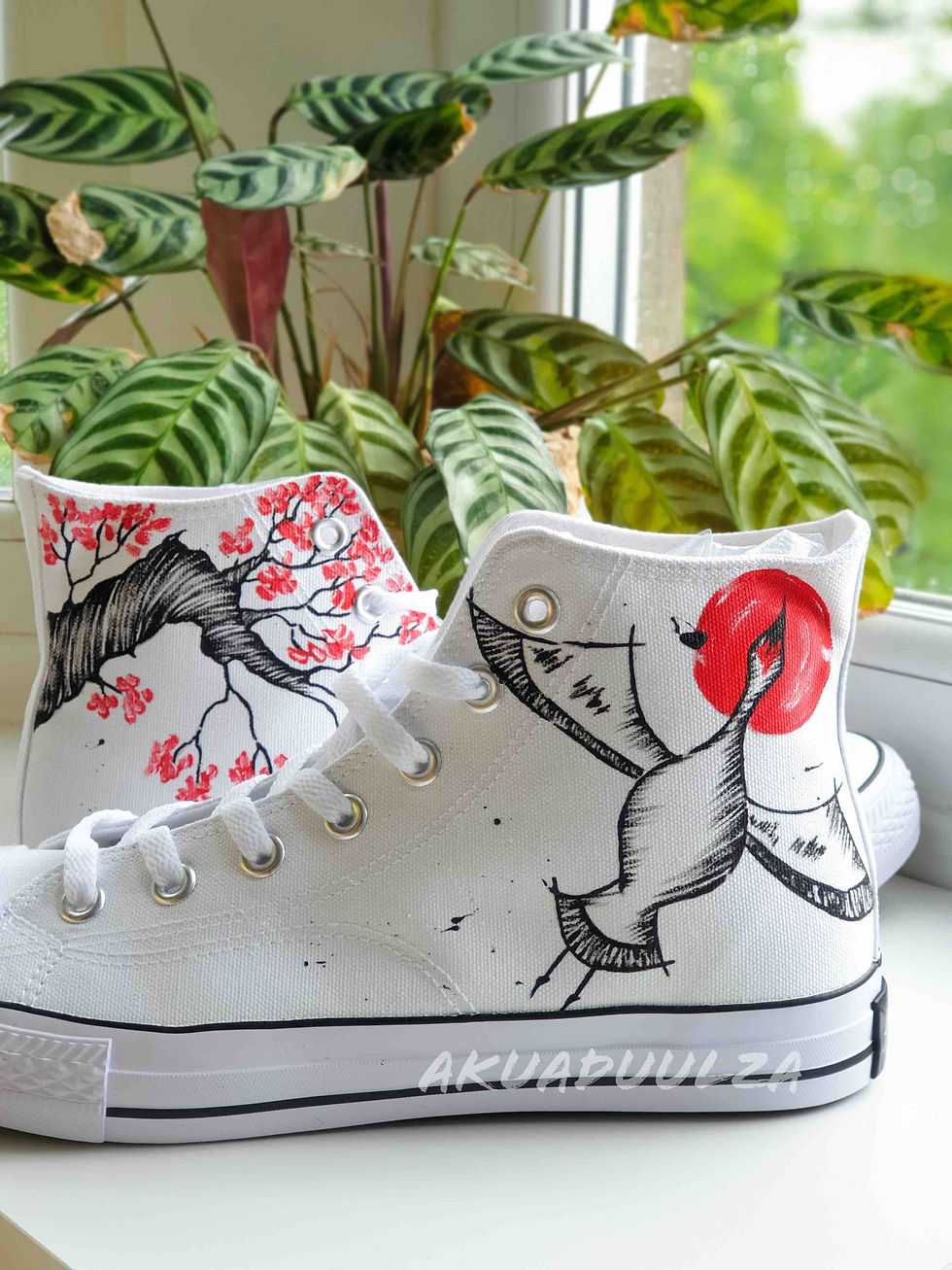 Japanese Crane and cherry blossom painted shoes, Custom