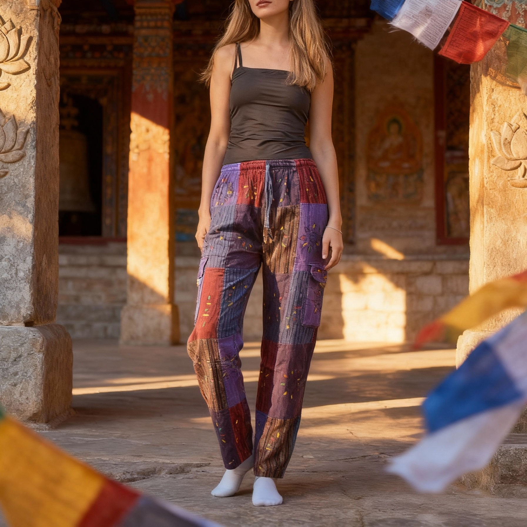 Pantaloni patchwork viola su una persona, ambientati in un cortile di pietra tradizionale.