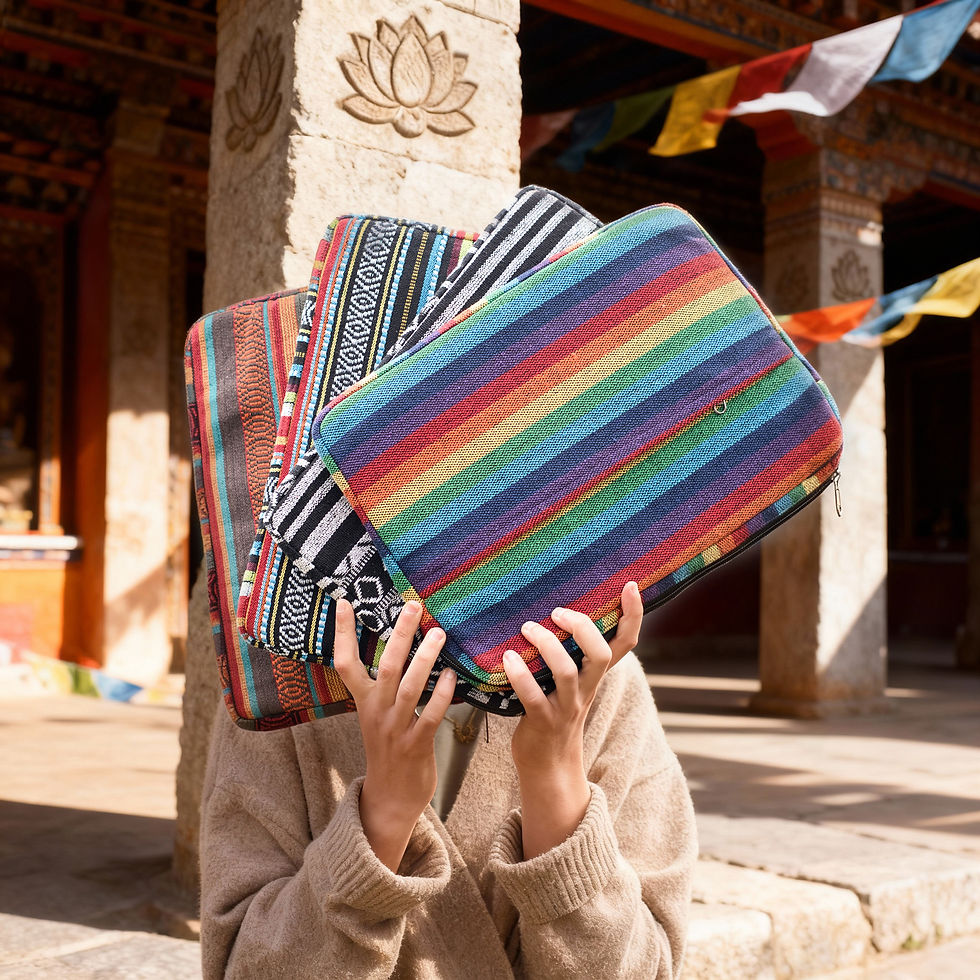 Miniatura: Modella tiene in mano diverse custodie per laptop a davanti al viso all'aperto.
